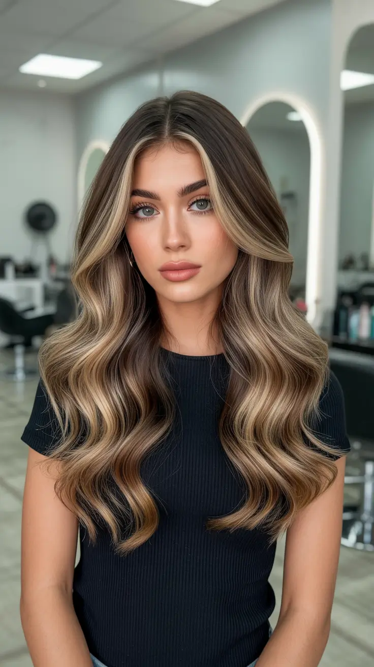 bold spring balayage hair color 2026 Muted Caramel Balayage With Soft Brunette Length