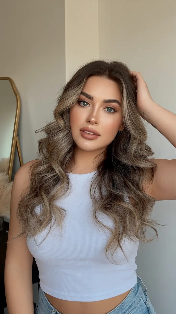 bold spring balayage hair color 2026 Soft Mocha Brunette Balayage With Smoky Highlights