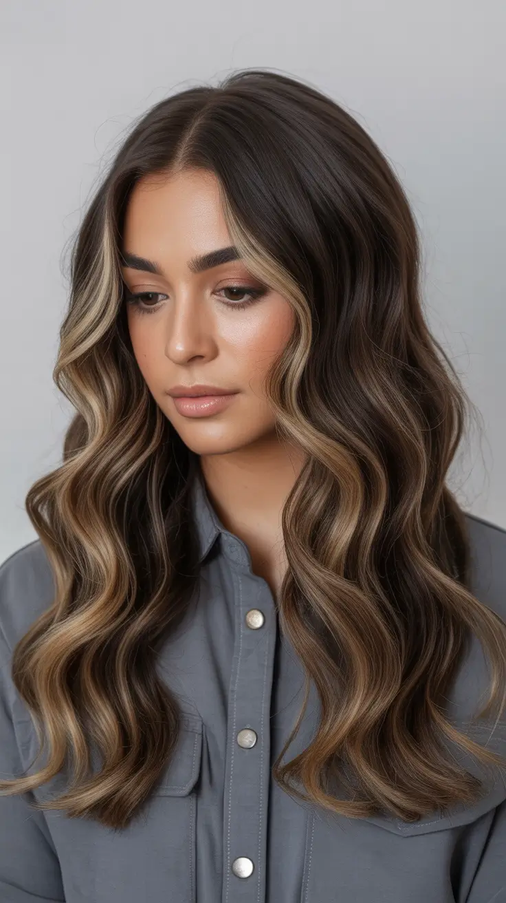 bold spring balayage hair color 2026 Long Brunette Waves With Soft Caramel Money Pieces