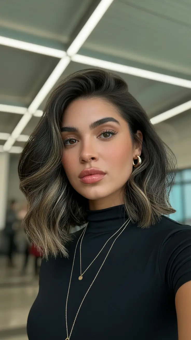 bold spring balayage hair color 2026 Modern Dark Brown Lob With Soft Cool Highlights