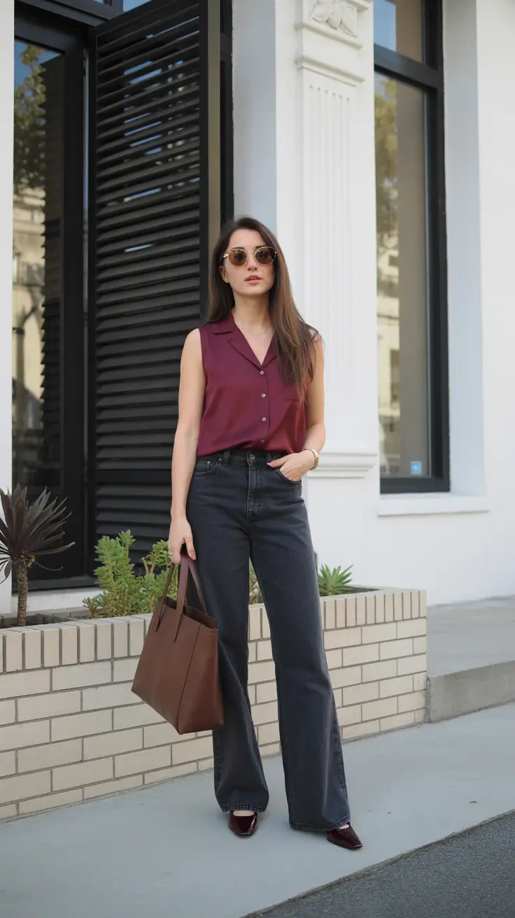 spring dinner outfits Deep Burgundy Clean Lines With Dark Denim