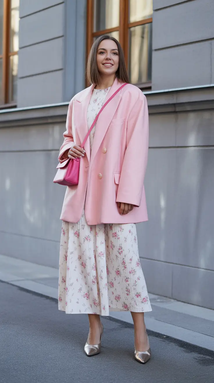 spring dinner outfits Soft Florals and Oversized Blazers for Classy Spring Nights