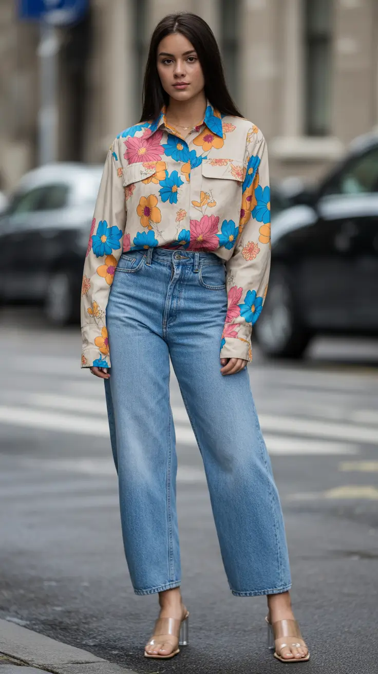 spring dinner outfits Retro Florals With Modern Denim Structure