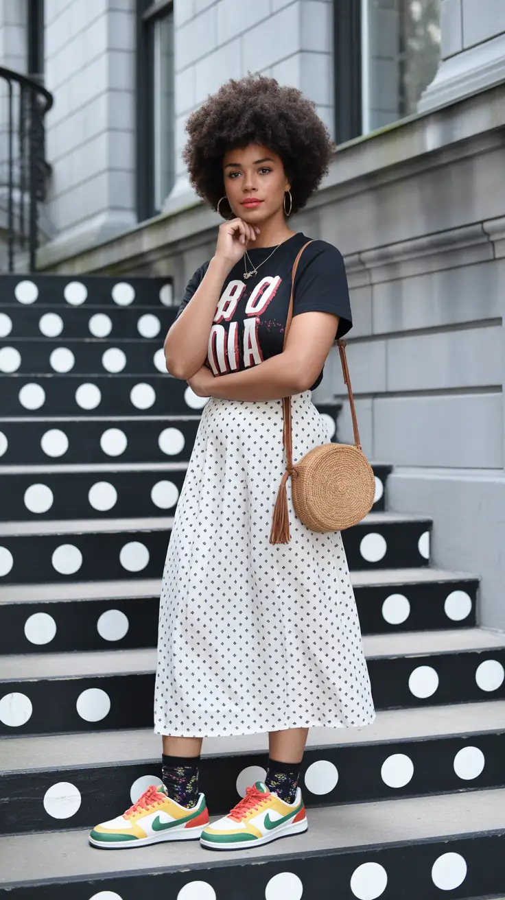 comfy spring outfits for women 2026 Graphic Tees and Midi Skirts for Playful Spring Energy