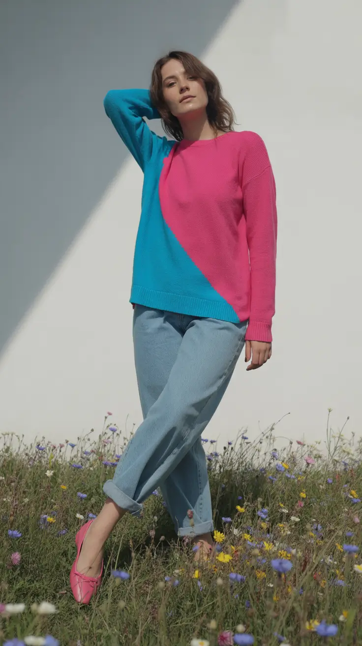 comfy spring outfits for women 2026 Colorblock Brights and Relaxed Denim for Weekend Ease