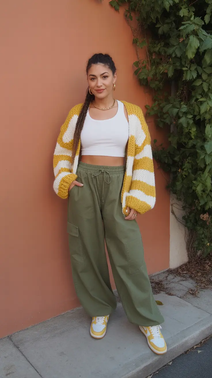 comfy spring outfits for women 2026 Cozy Stripes and Cargo Comfort