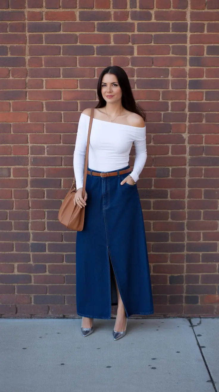 maxi skirt spring outfits 2026 Classic Denim Split Maxi with a Modern White Top