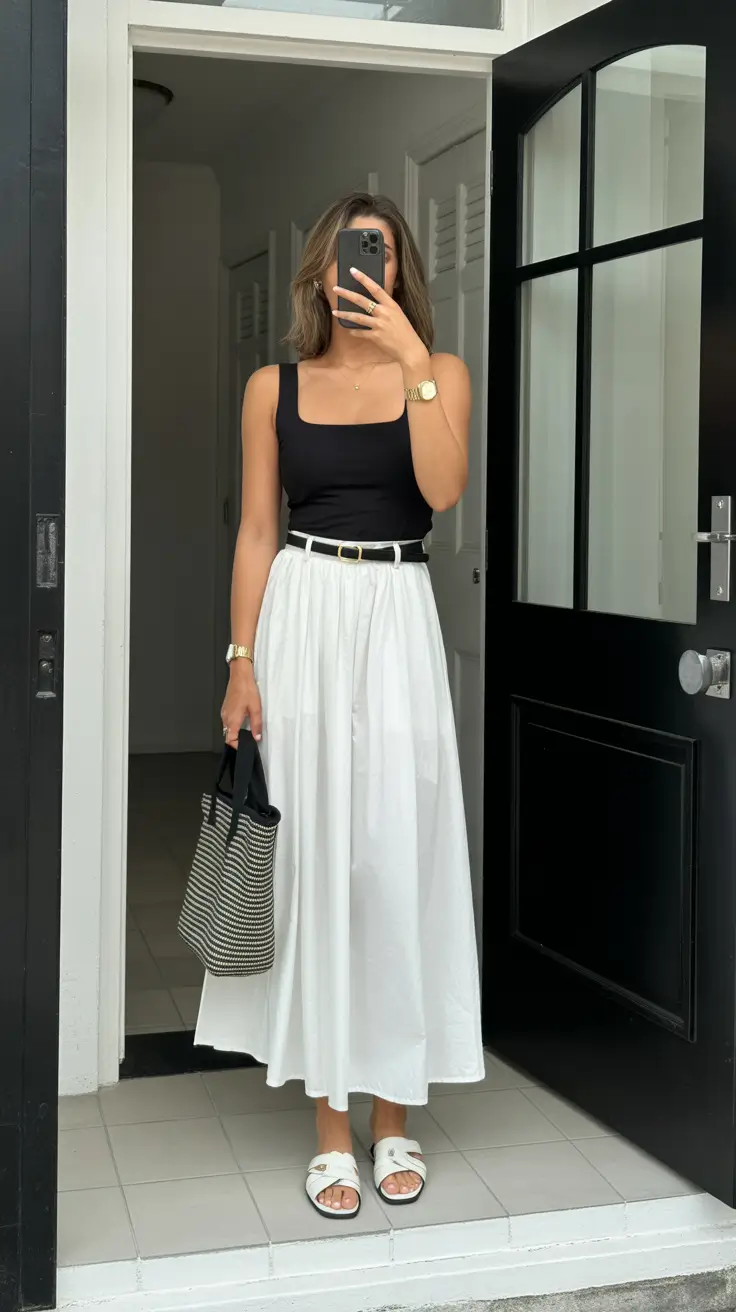 maxi skirt spring outfits 2026 Monochrome Ease with a Classic Black-and-White Duo