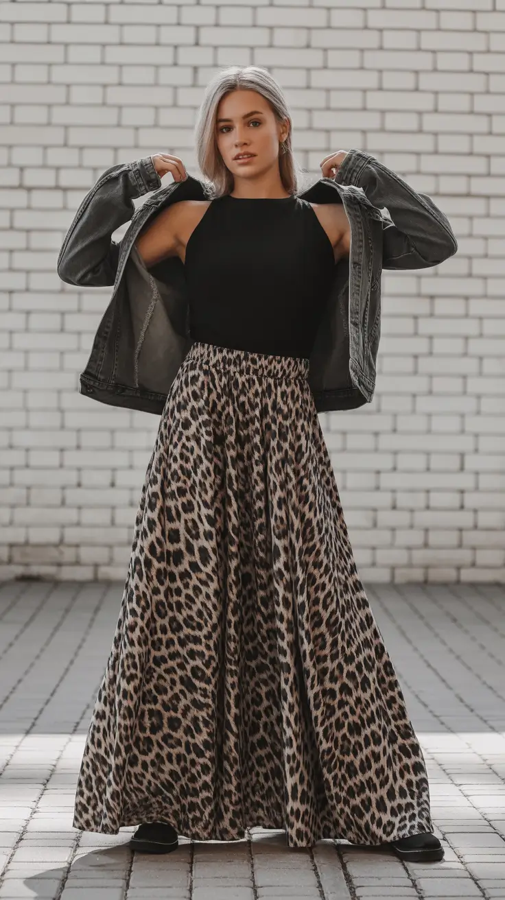 maxi skirt spring outfits 2026 Edgy Animal Print with a Cool Denim Twist