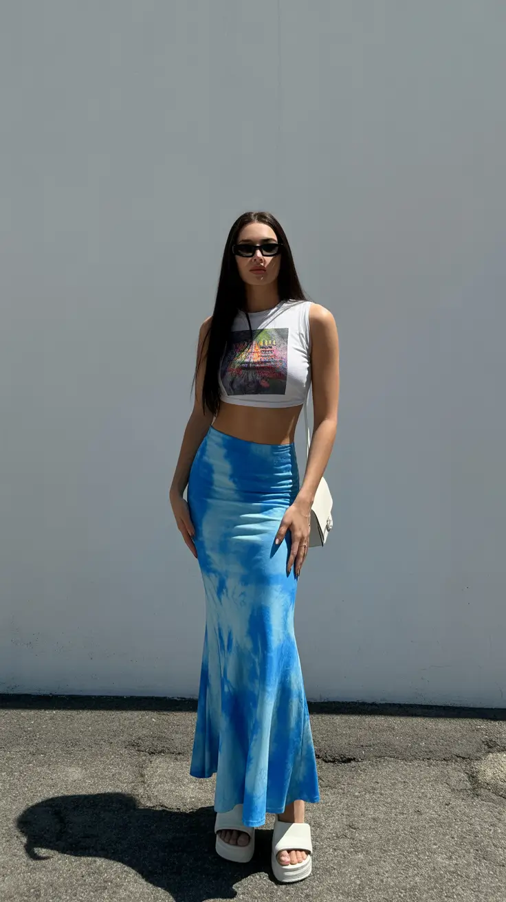 maxi skirt spring outfits 2026 Electric Blue Tie-Dye for a Modern Spring Moment