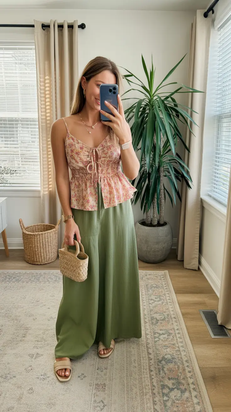 maxi skirt spring outfits 2026 Soft Florals and Olive Green for a Garden-Inspired Mood