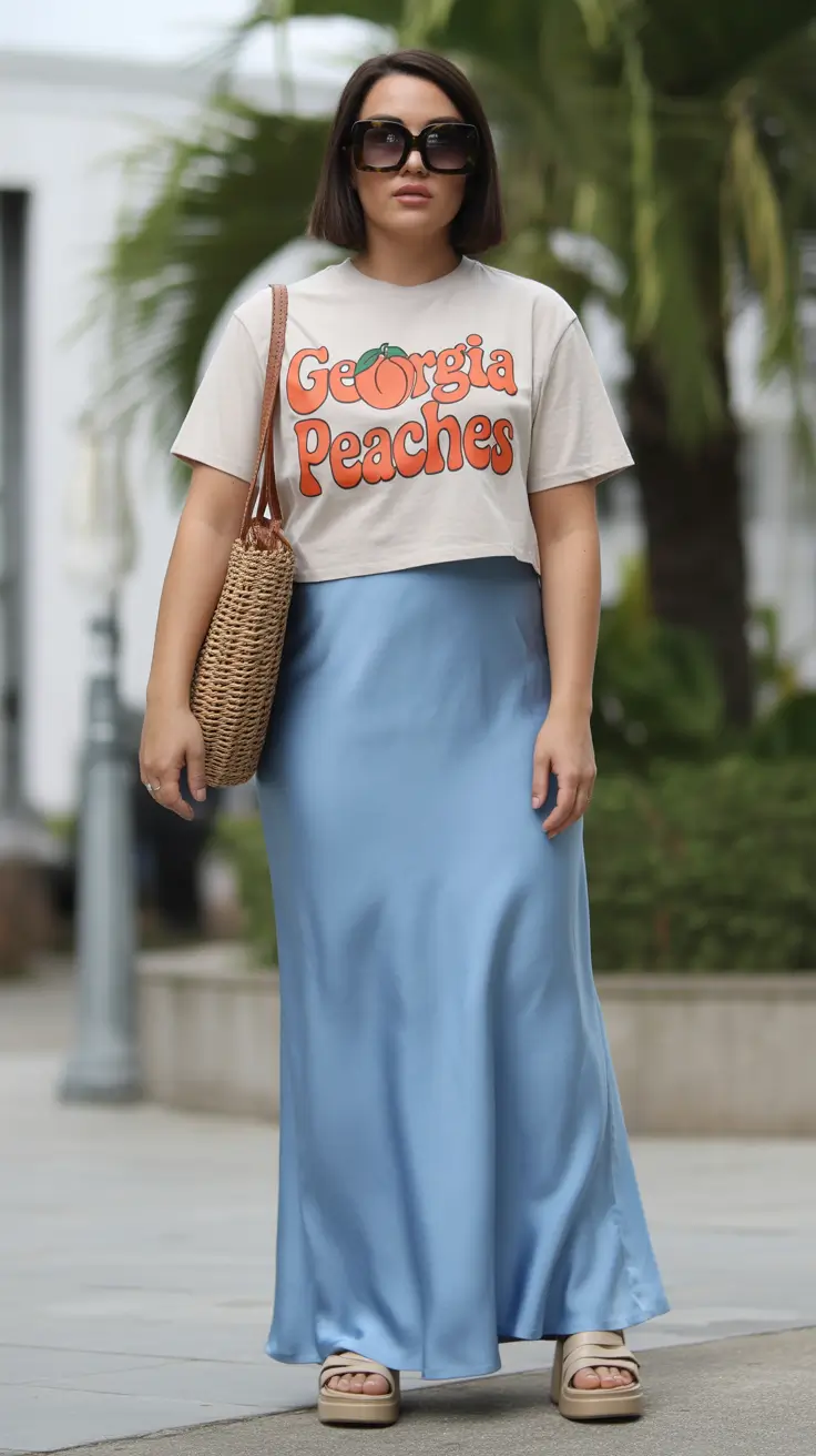 maxi skirt spring outfits 2026 Playful Graphic Tee and Sky-Blue Satin Ease