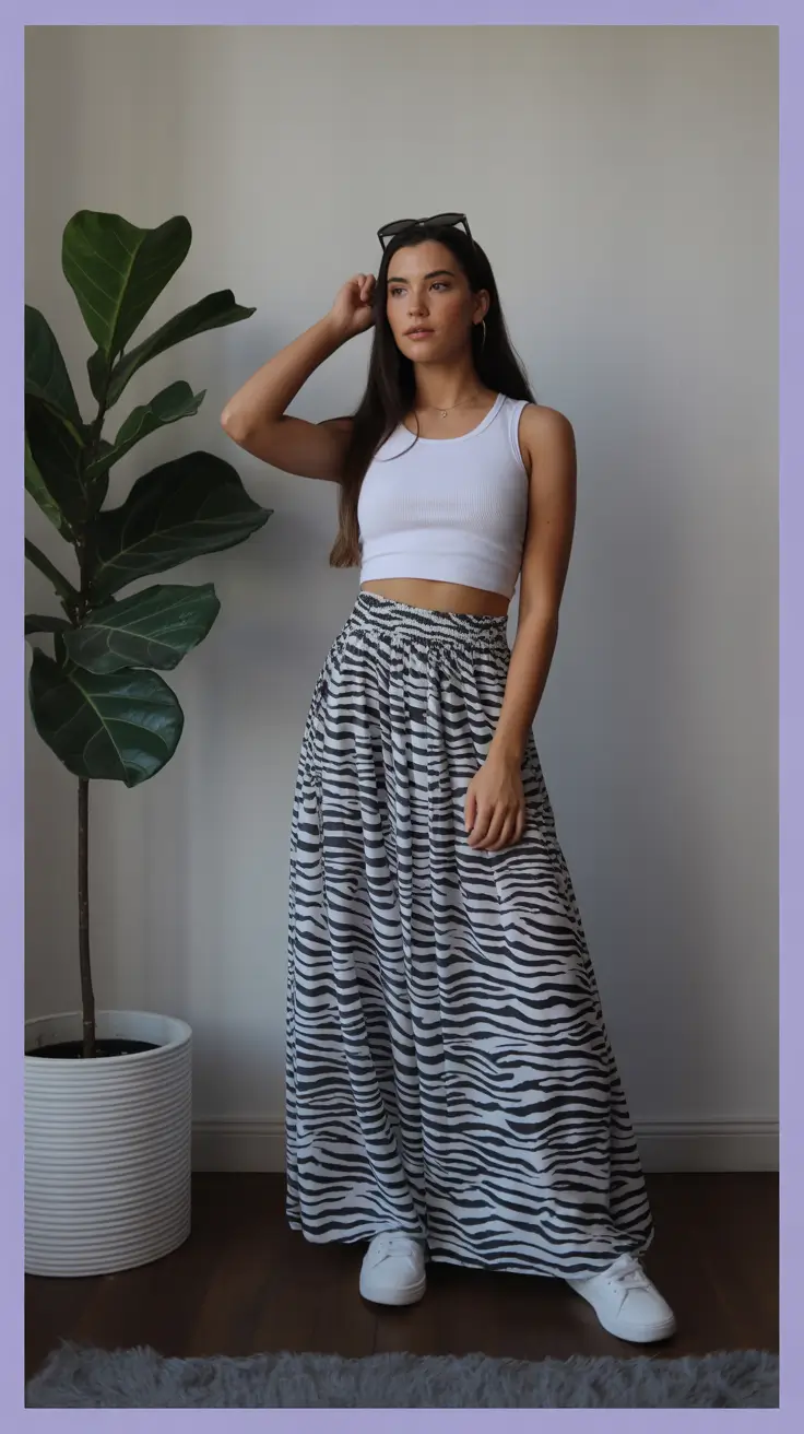 maxi skirt spring outfits 2026 Zebra Softness with Simple White and Clean Lines