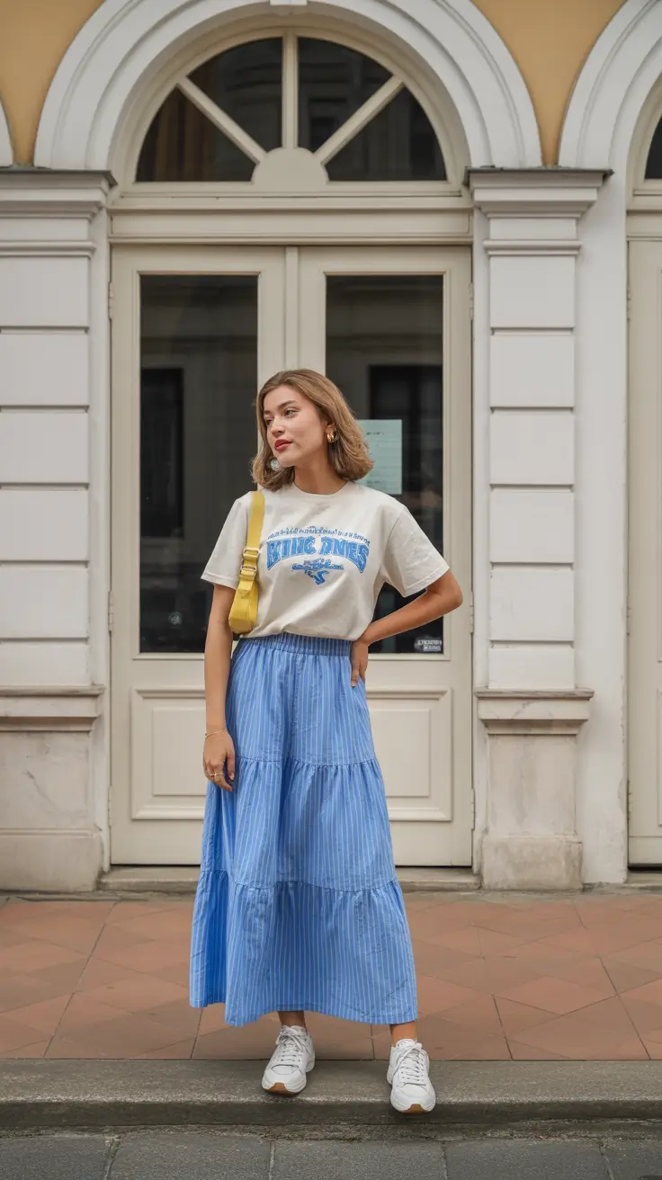 maxi skirt spring outfits 2026 Sporty Blue Layers with a Street-Style Twist