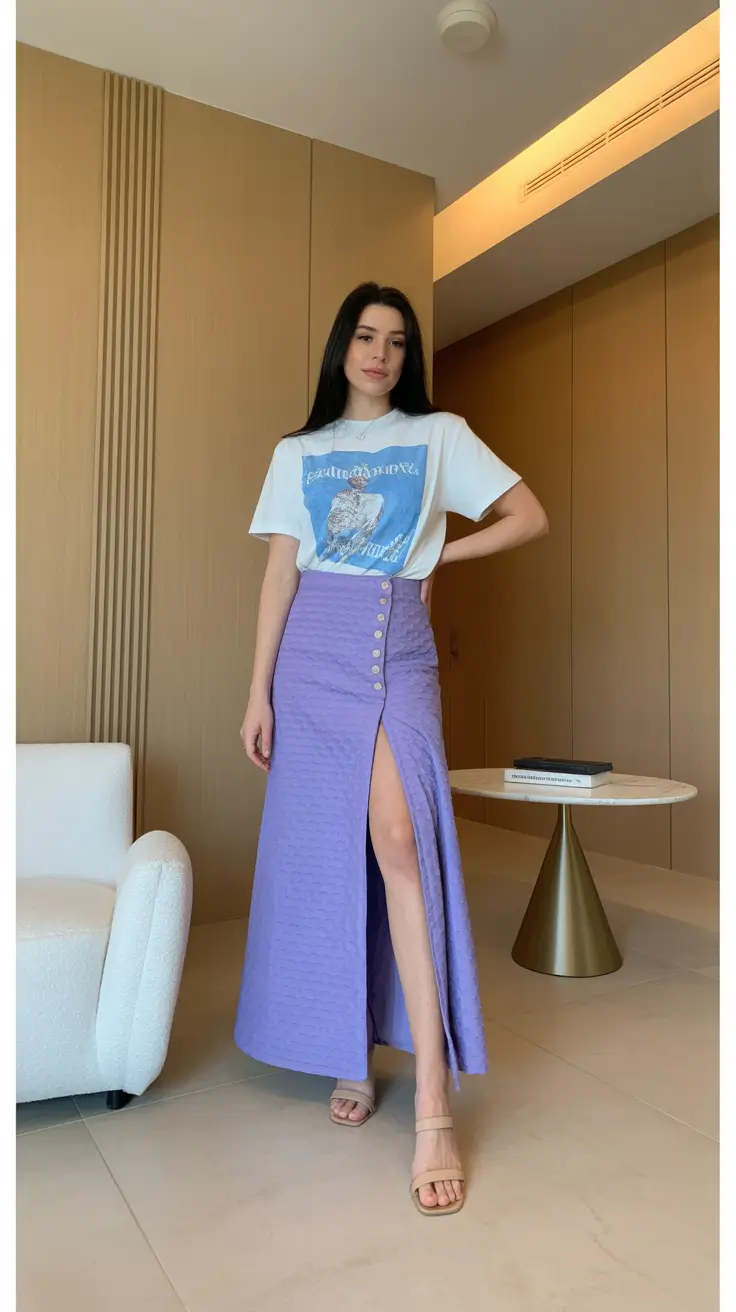 maxi skirt spring outfits 2026 Soft Lavender Split Maxi with a Relaxed Graphic Tee