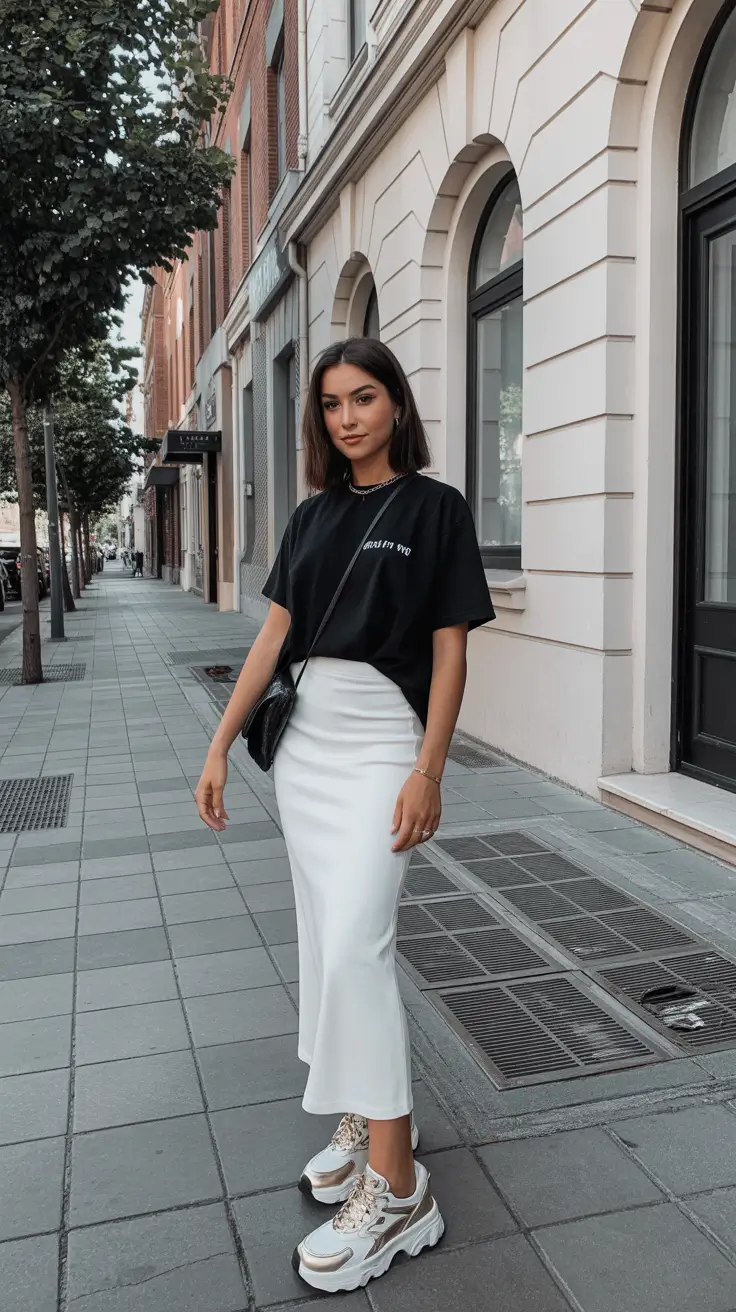 maxi skirt spring outfits 2026 Monochrome Contrast with a Modern White Satin Skirt