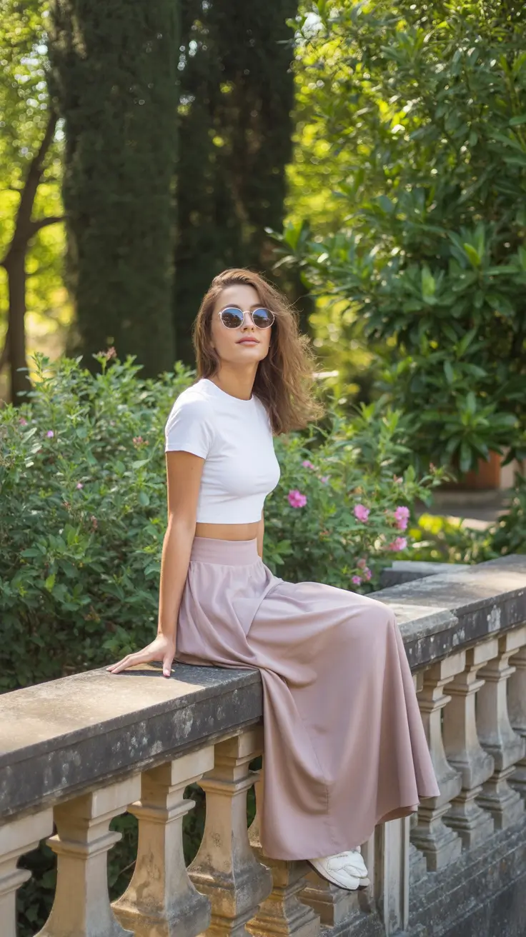 maxi skirt spring outfits 2026 Neutral Calm with Soft Mauve and Clean White
