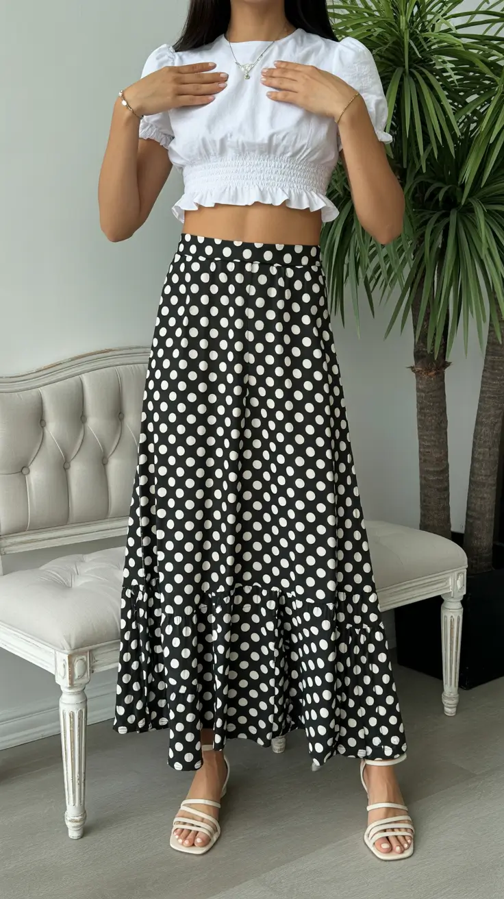 maxi skirt spring outfits 2026 Retro Playfulness with Black and White Polka Dots