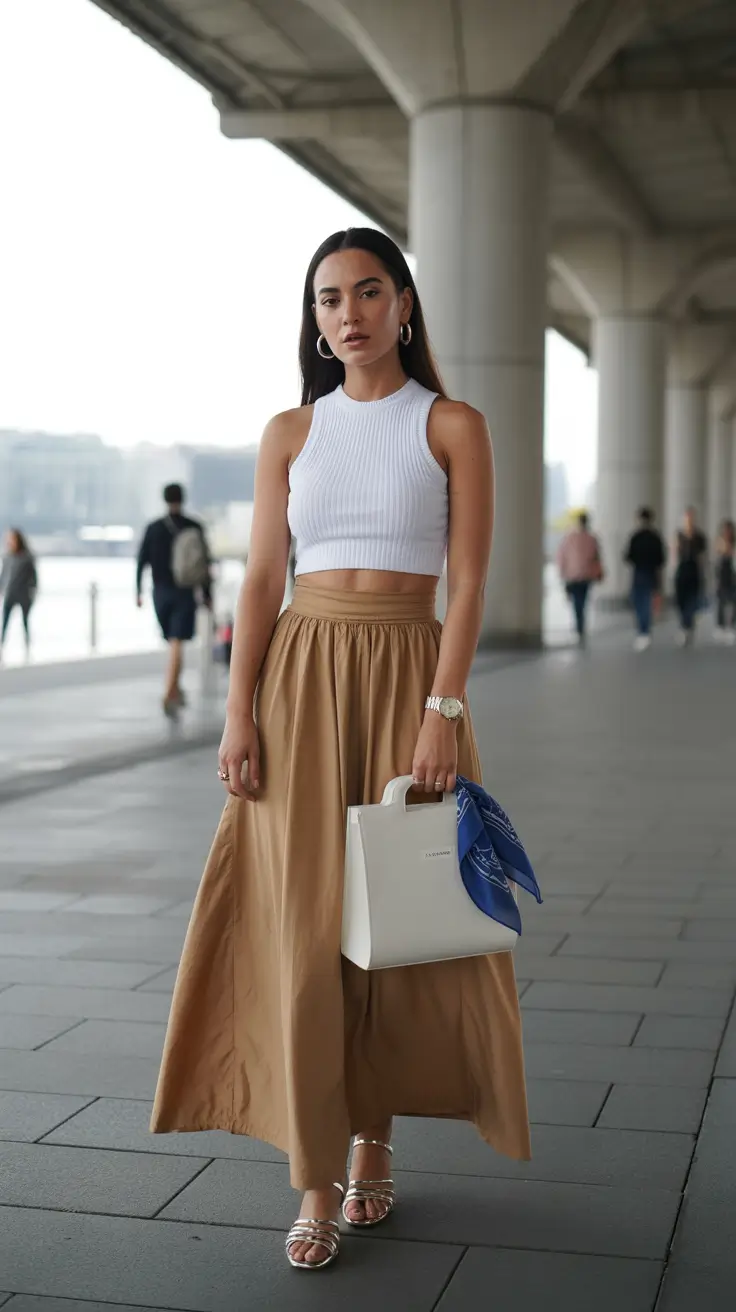 maxi skirt spring outfits 2026 Urban Chic with a Crisp White Top and Soft Camel Maxi
