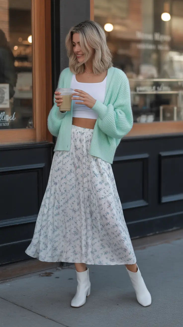 maxi skirt spring outfits 2026 Mint Layers and Soft Florals for a Breezy Morning