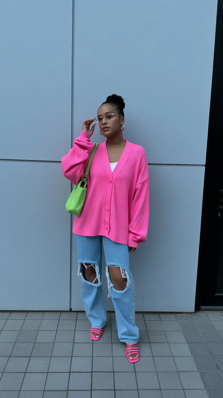 spring outfits streetwear y2k Bold Knitwear and Color-Play Denim