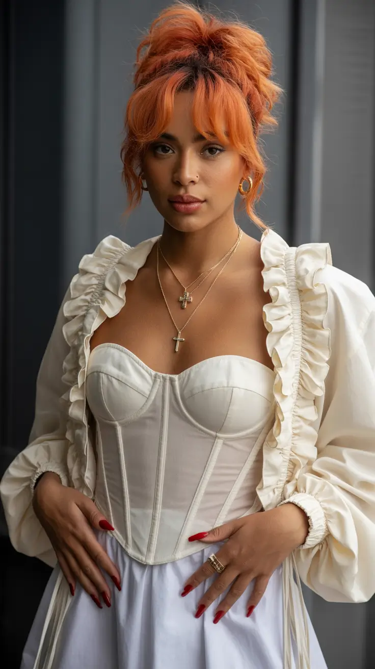 spring hair color on brown skin 2026 Apricot Tangerine Updo With Soft Face-Framing Pieces