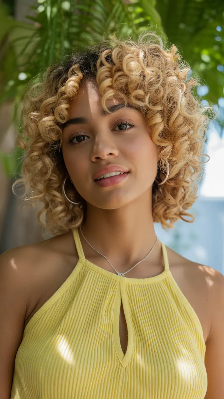 spring hair color on brown skin 2026 Honeyed Curly Shag With Sunlit Lift