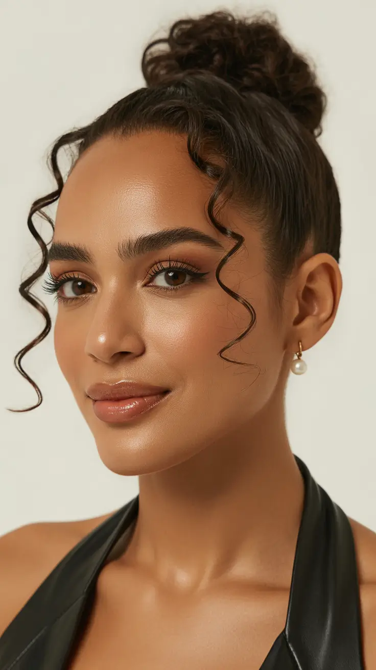 spring hair color on brown skin 2026 Glossy Espresso Bun With Sculpted Tendrils