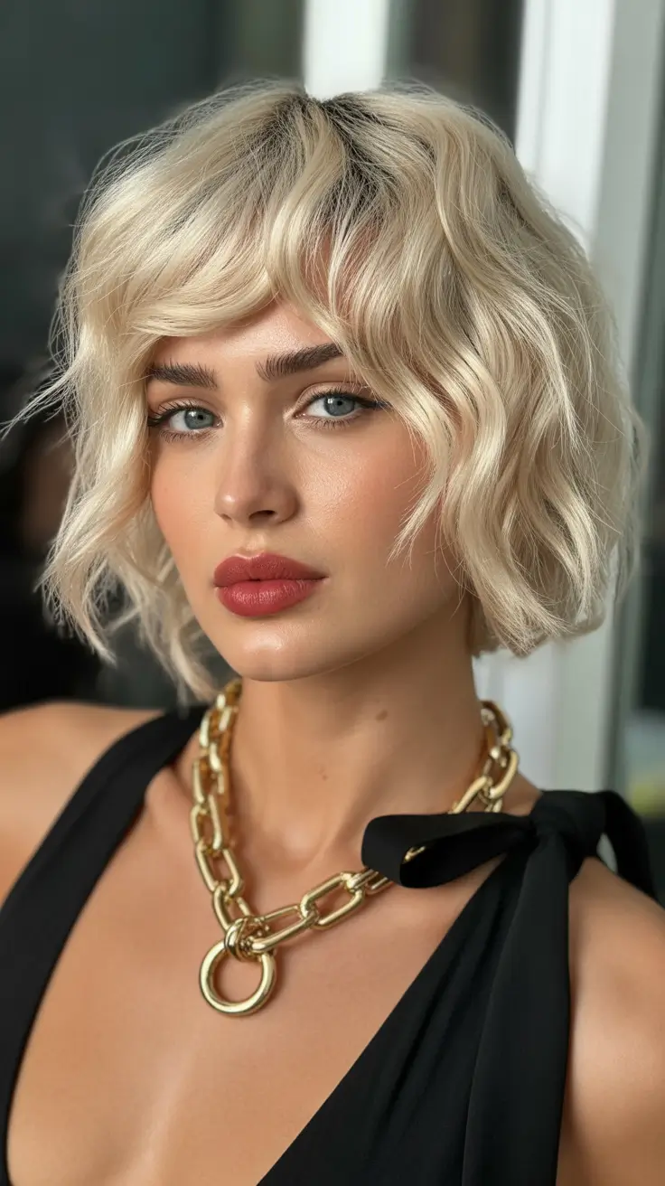 spring hair color on brown skin 2026 Soft Platinum Wave Bob With Tousled Texture