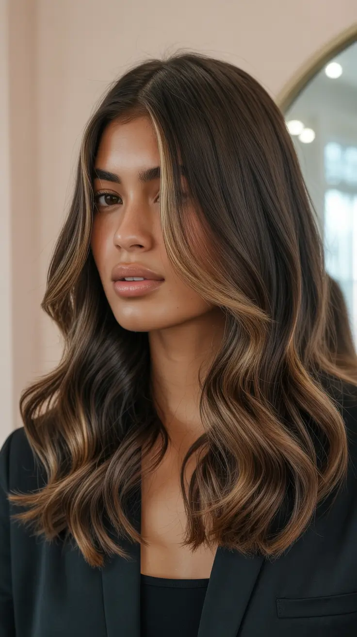 spring hair color on brown skin 2026 Dimensional Balayage With Soft Face Framing