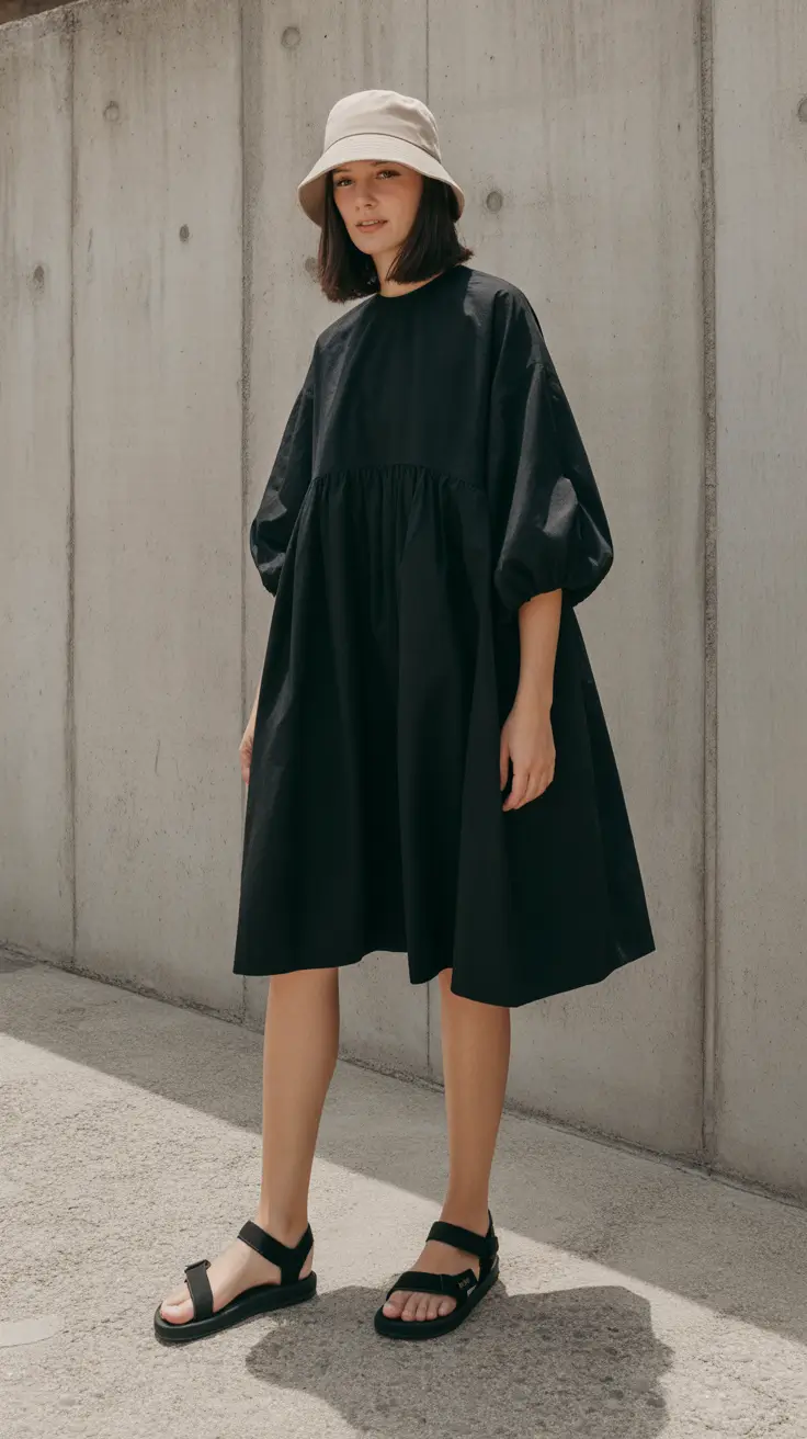 spring outfit sandals Simple Volumes With Easy Black Sandals