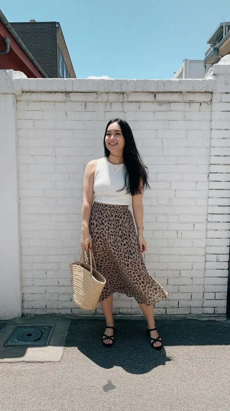 spring outfit sandals Warm-Weather Neutrals With a Playful Print Skirt