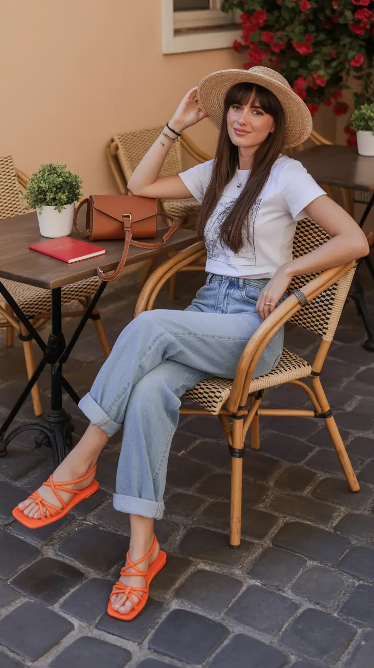 spring outfit sandals Sunny Café Denim With Bright Spring Sandals