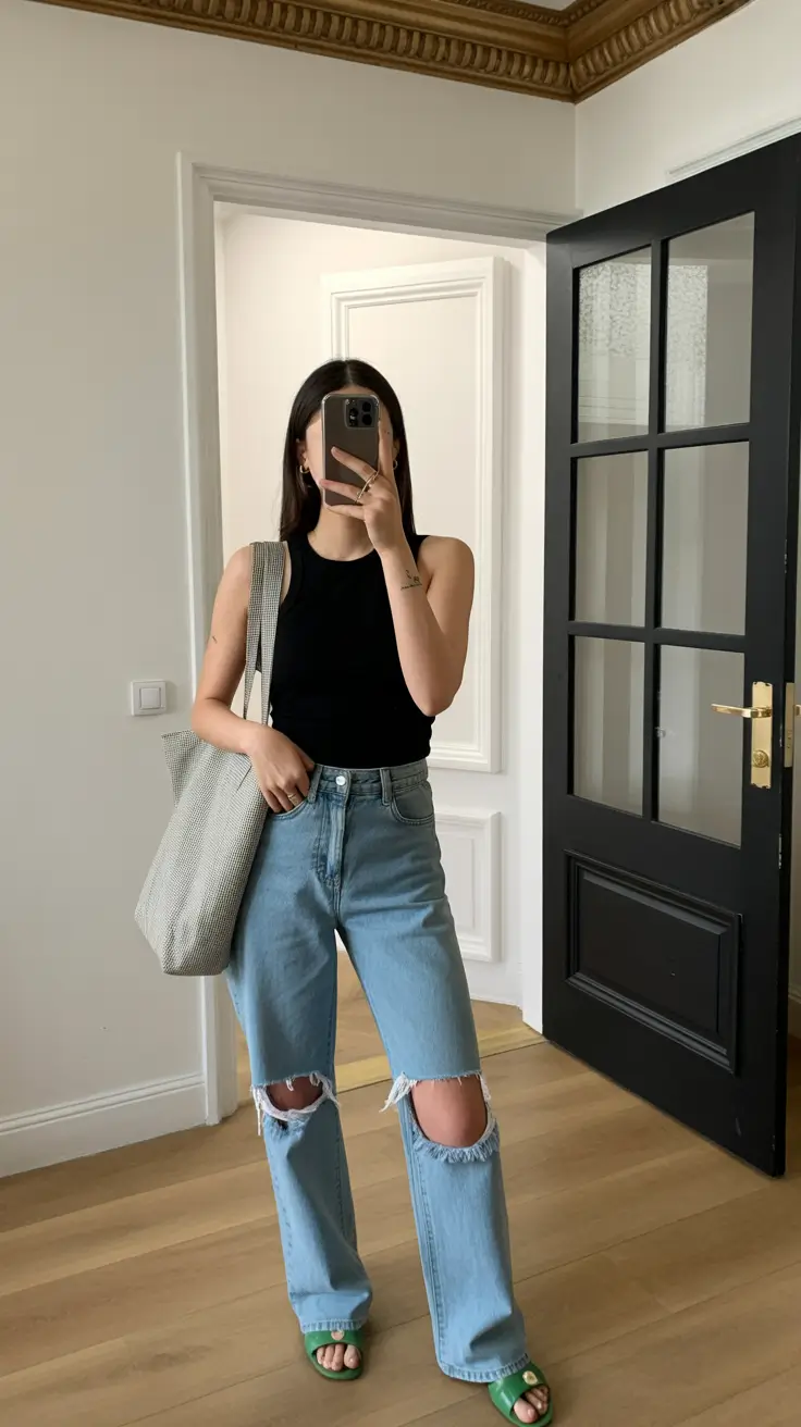 spring outfit sandals Clean Contrast With Graphic Black and Distressed Denim