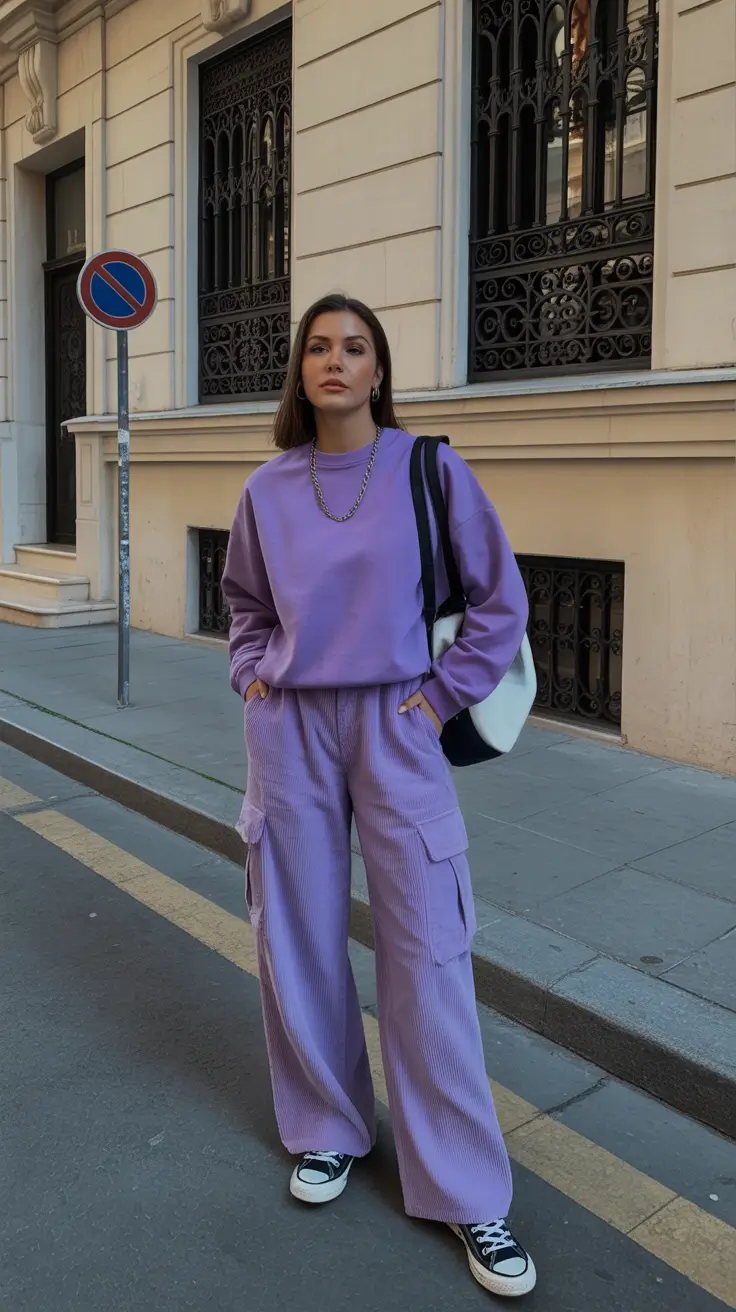 elegant casual spring outfits 2026 Monochrome Lavender Comfort With a Street-Ready Twist