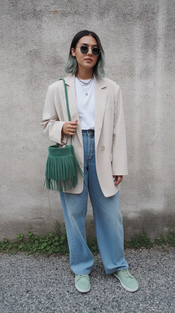elegant casual spring outfits 2026 The Relaxed Blazer Look With a Fresh Green Accent