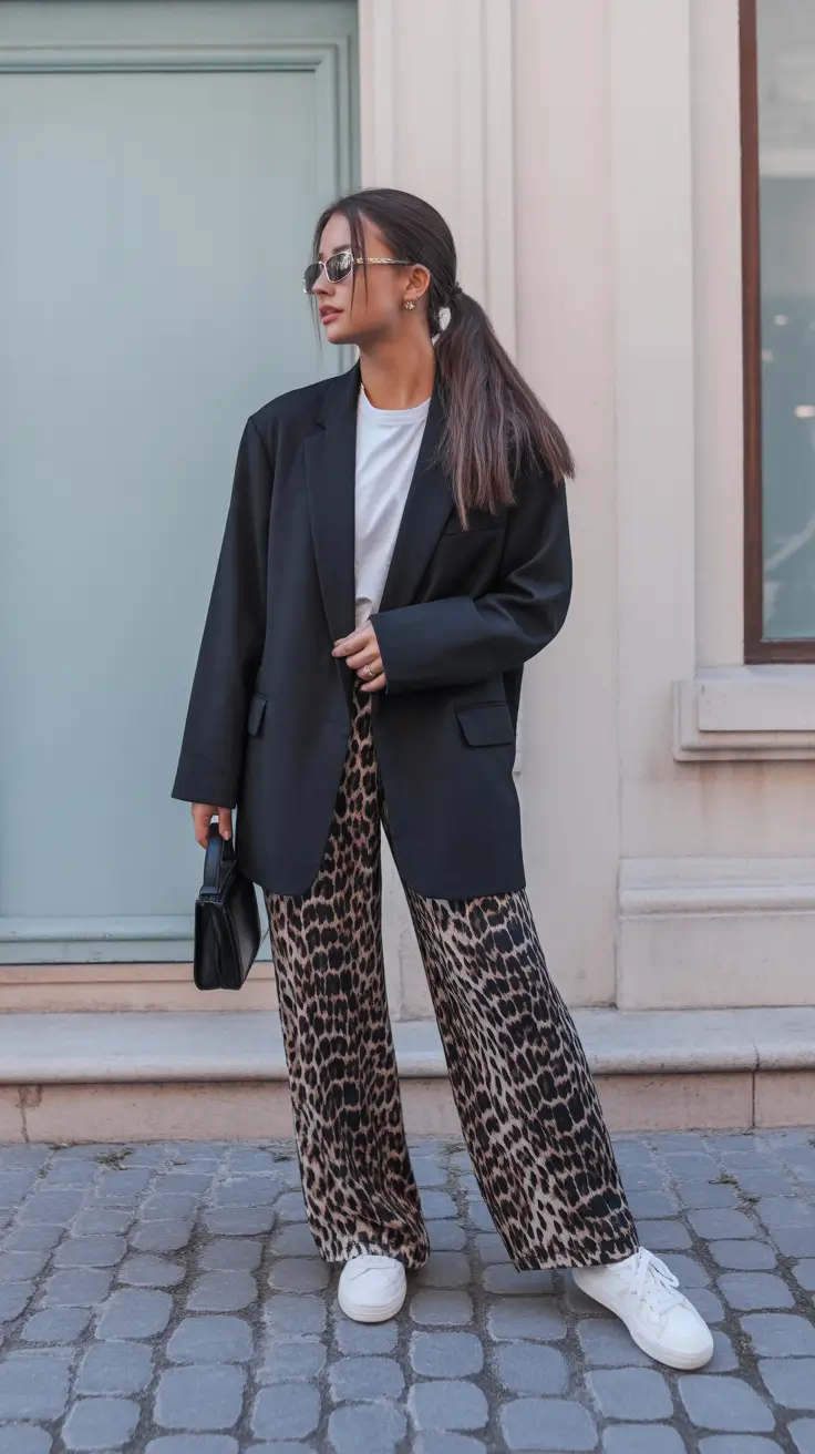 elegant casual spring outfits 2026 Bold Blazer Energy With Wild-Print Ease