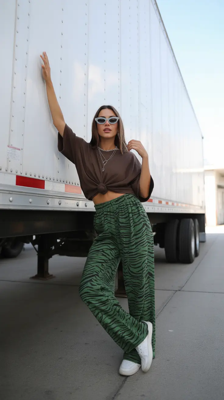 elegant casual spring outfits 2026 Relaxed Graphic Pants With Sporty Spring Ease