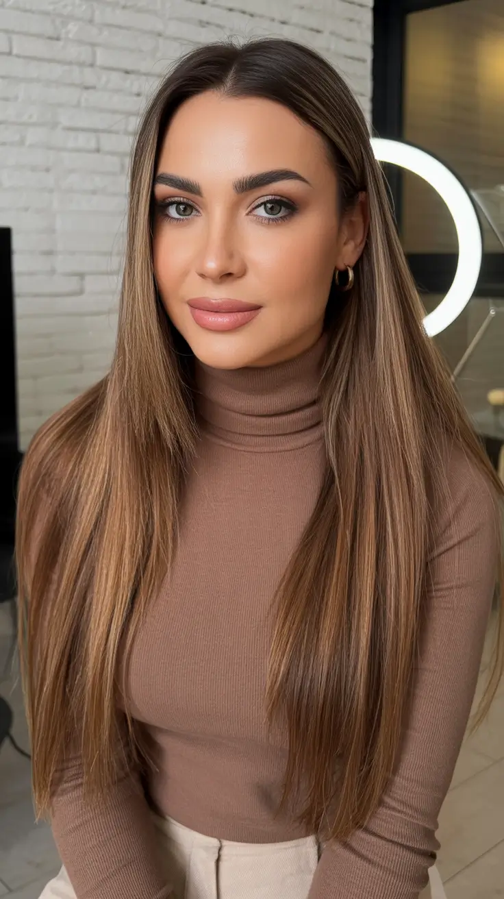 february hair color ideas 2026 Soft Brunette With Sunlit Balayage