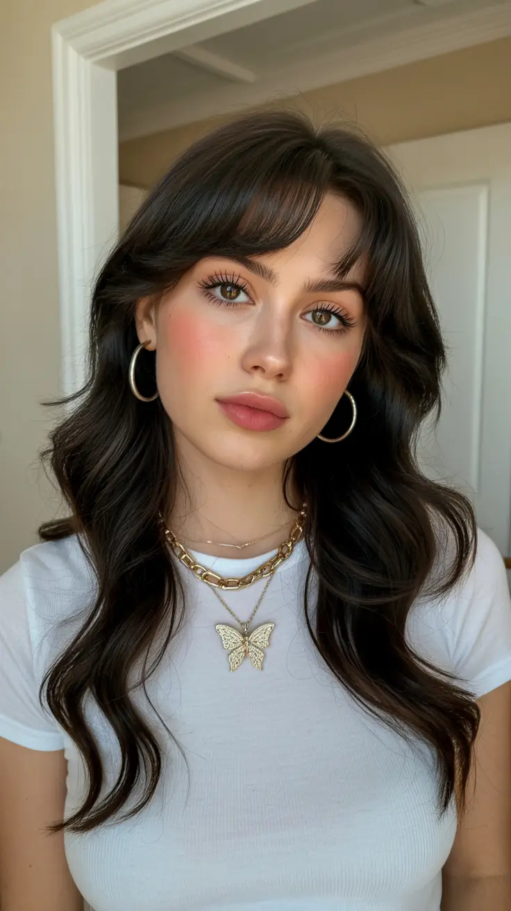 february hair color ideas 2026 Soft Chocolate Waves With Baby Fringe