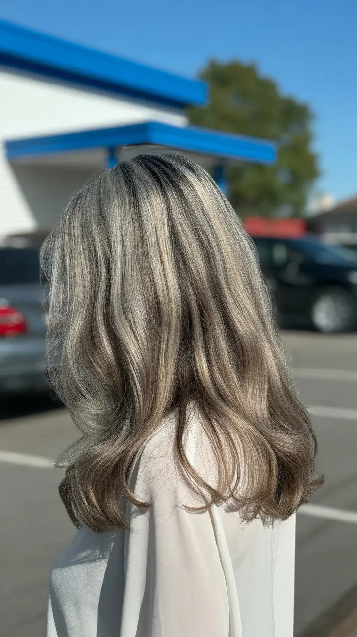 february hair color ideas 2026 Silver-Mushroom Dimension With Soft Waves