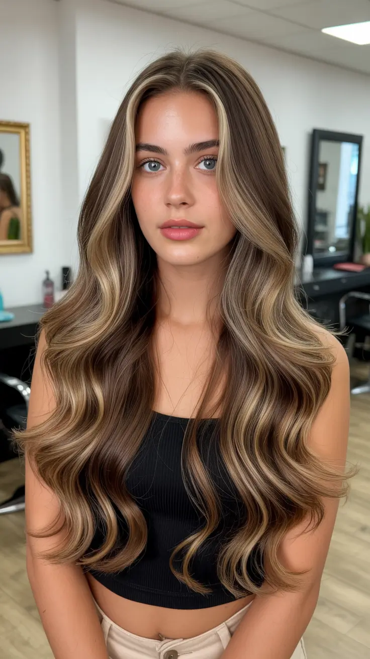 february hair color ideas 2026 Warm Honey Brunette With High-Contrast Highlights