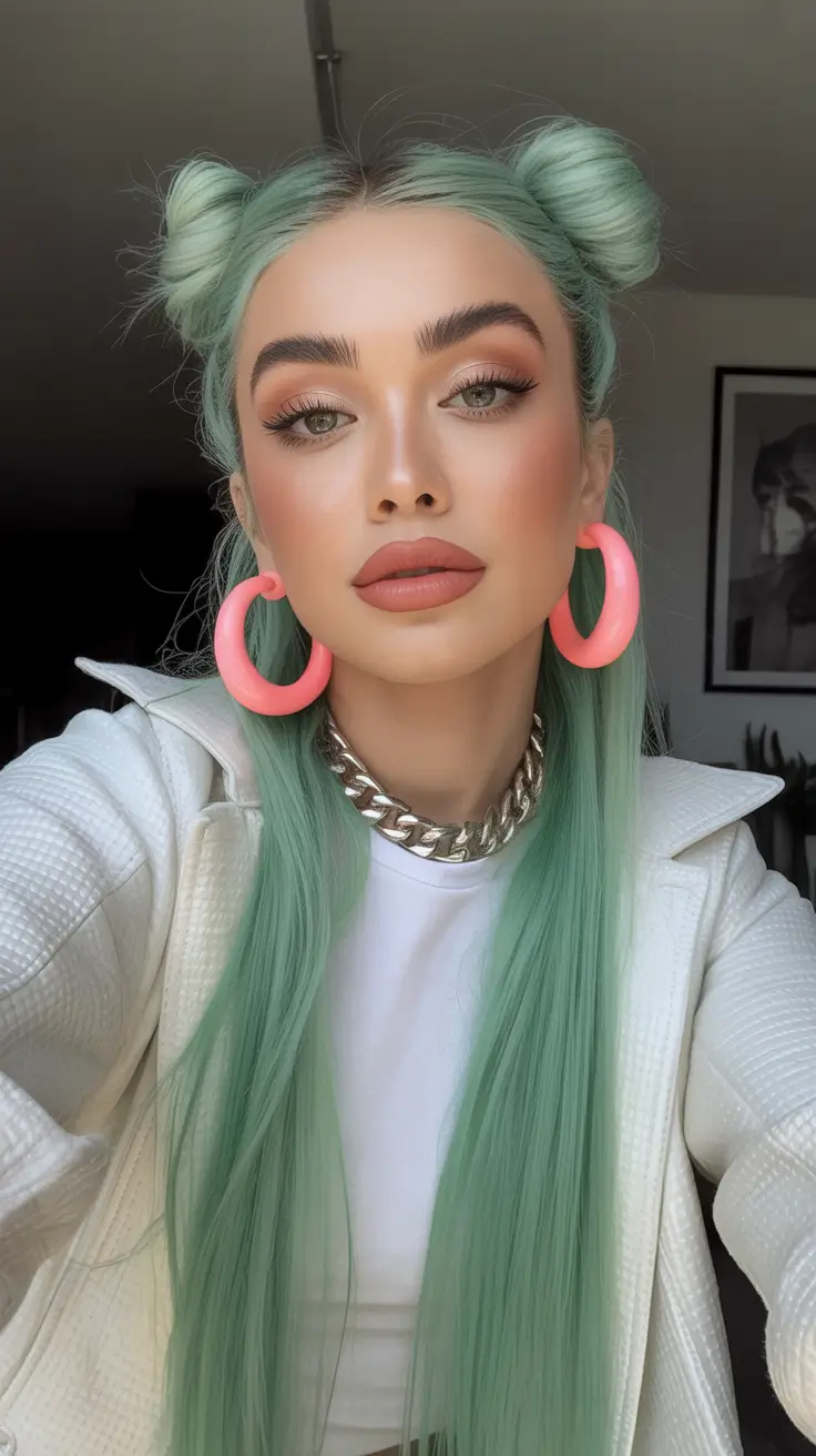 february hair color ideas 2026 Mint Pastel With Ultra-Long Sleek Styling