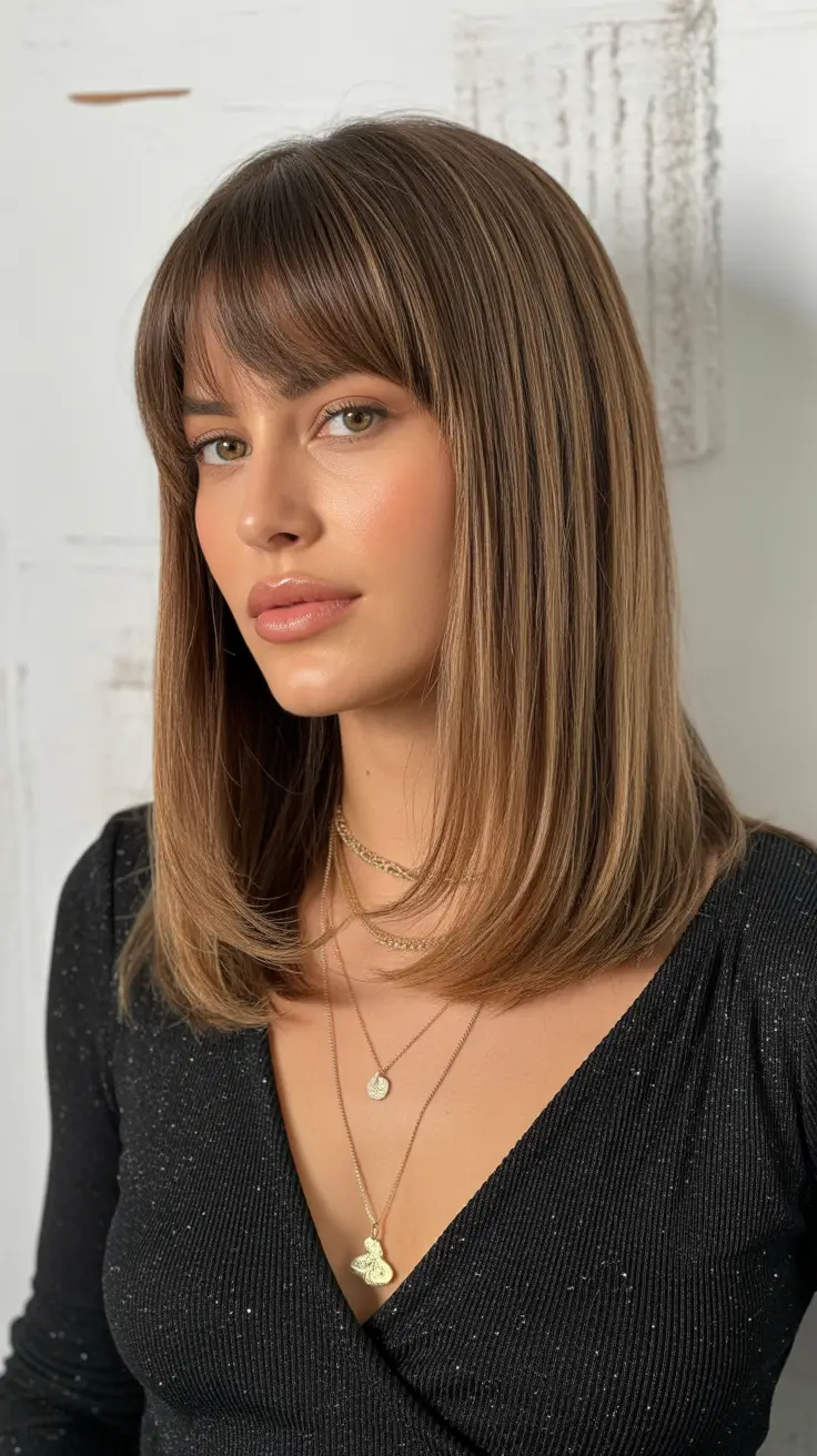 february hair color ideas 2026 French Gloss Brunette With Curtain Fringe