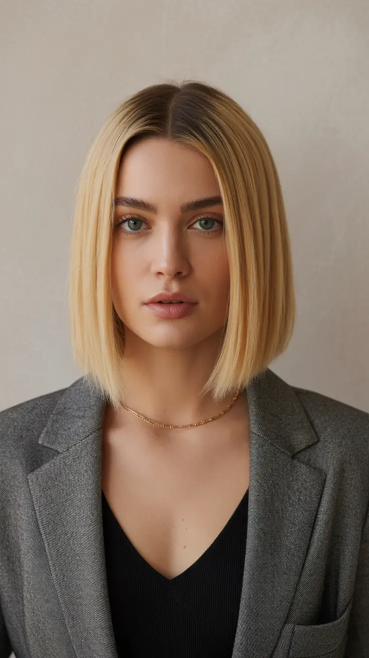 february hair color ideas 2026 Buttery Vanilla Bob With Clean Precision