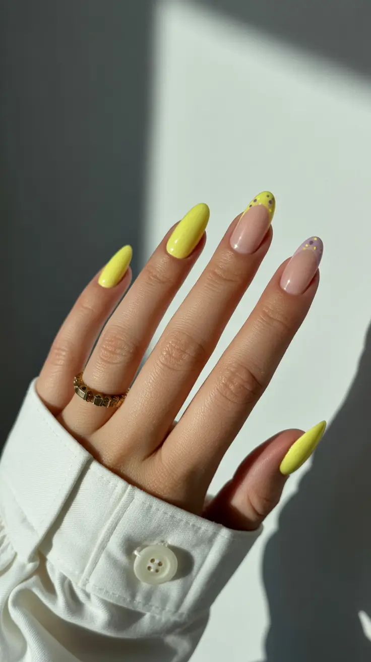 february nails ideas Sunlit Yellow Tips With Delicate Dots