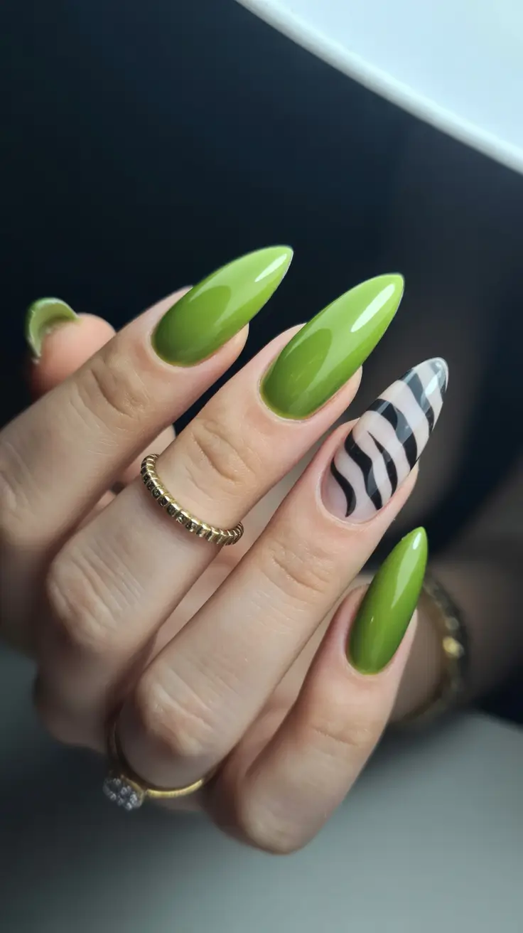 february nails ideas Olive Gloss With a Graphic Neutral Accent