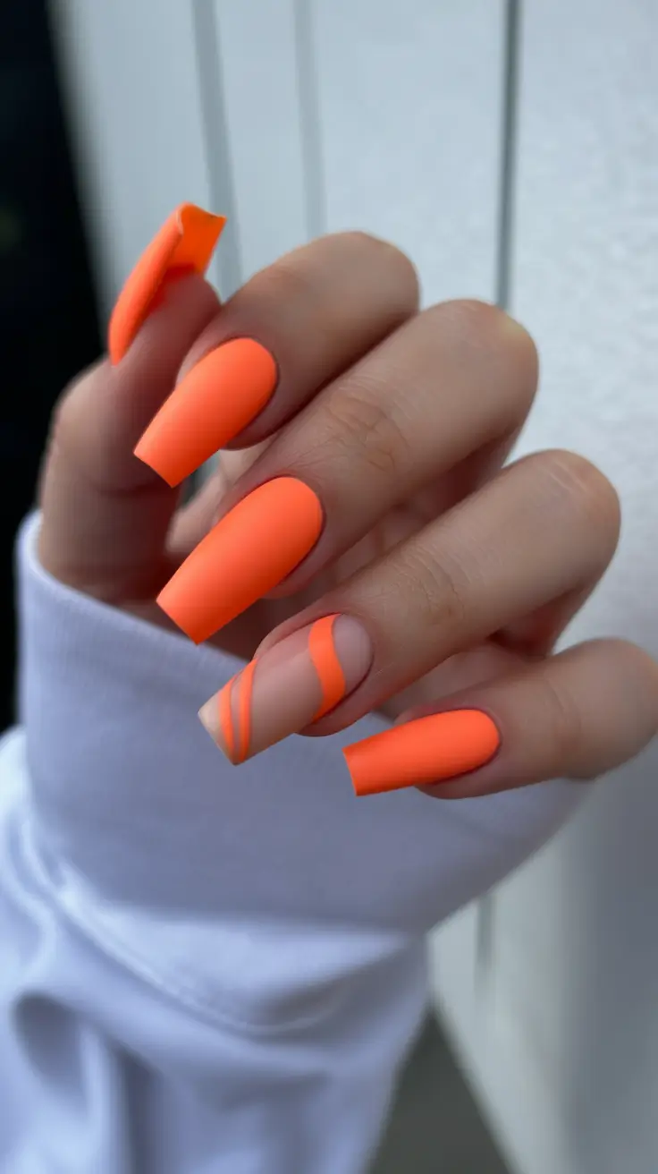 february nails ideas Matte Tangerine With Minimalist Line Art