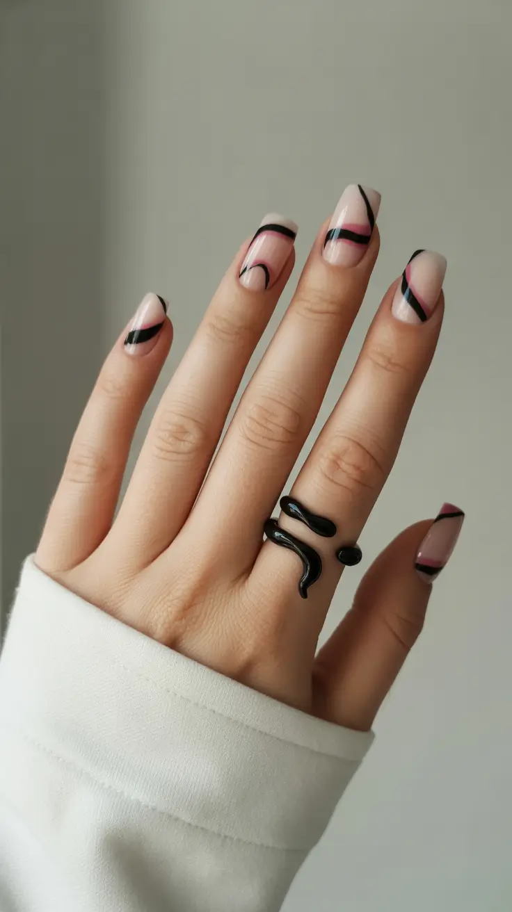 february nails ideas Chic Black-Pink Geometry on Soft Nude