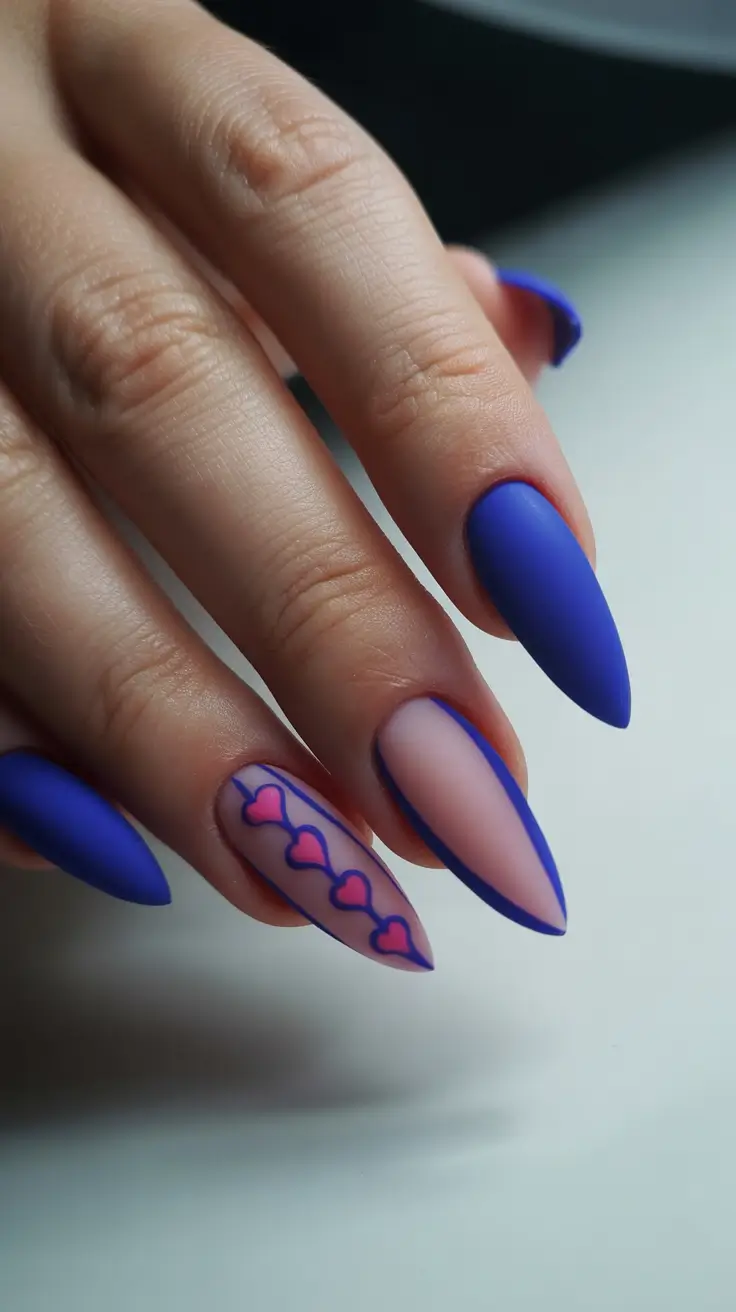 february nails ideas Electric Blue Matte With Heartline Detailing
